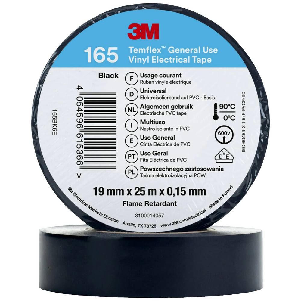 3M TEMFLEX 165 VINYL ELECTRICAL TAPE BLACK 19MM X 25M